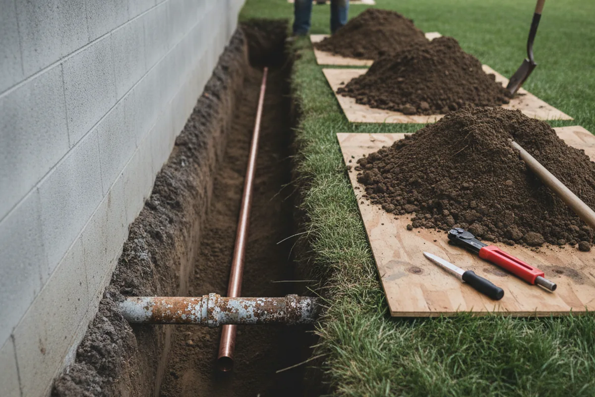 Excavated water line trench during Sewer Line Repair in Wildomar